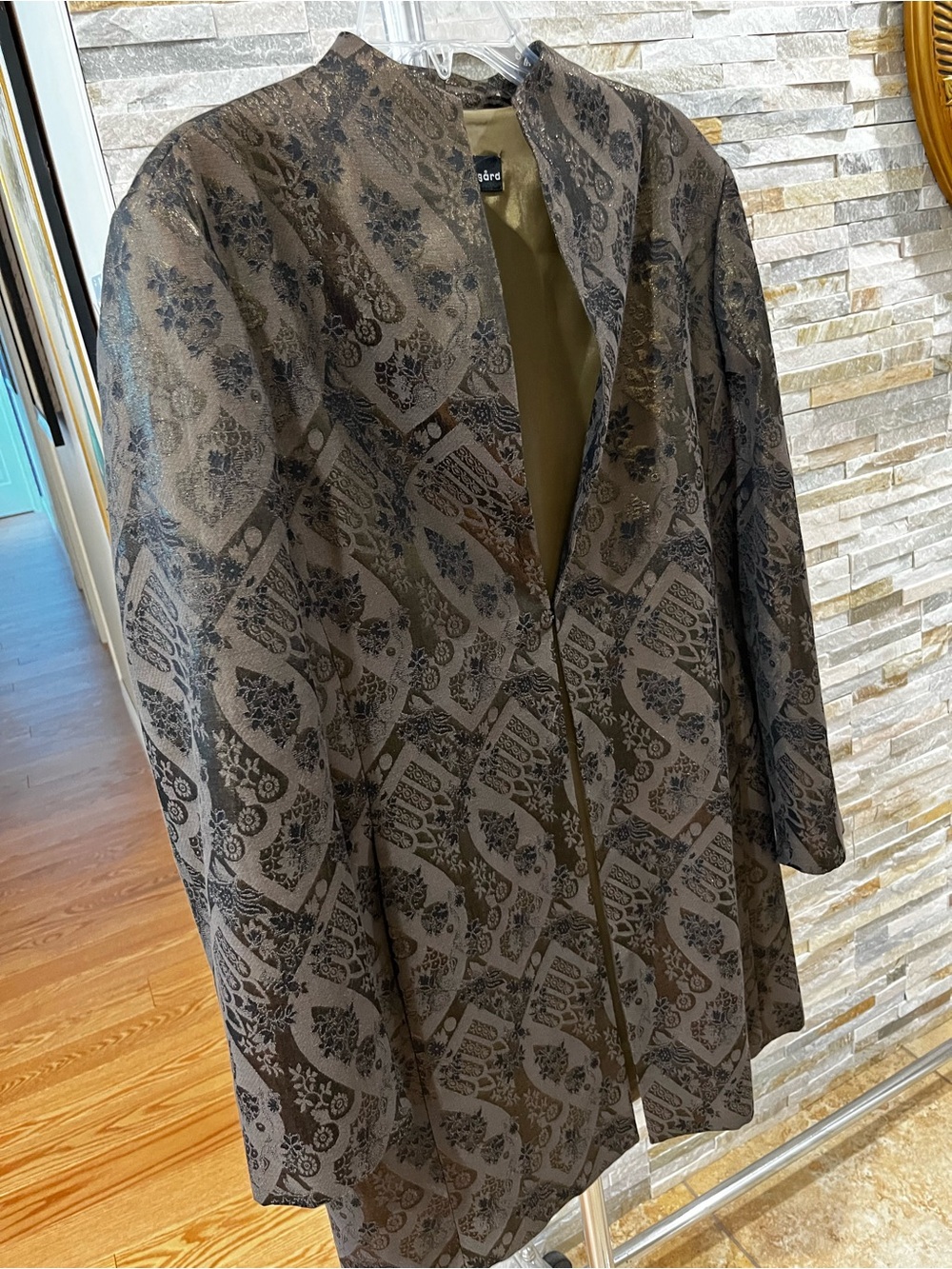 Peter Nygard Mid Brown Long Belted Coat Jacket with Gold Highlights LN